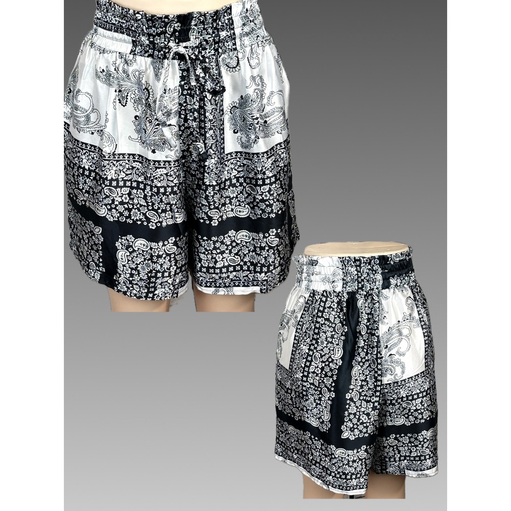 Kaktus Womens +2X Floral Smocked Tie Waist Satin Pockets Shorts Black White